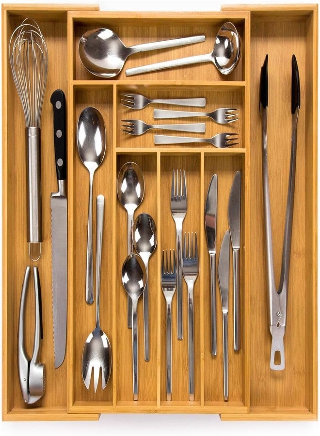 Trendy Trays منظم أدراج عصري من الخيزران قابل للتوسيع لأدوات المطبخ، صينية أدوات مائدة قابلة للتعديل، منظم أدراج خشبي لأدوات المائدة الفضية، وأدوات المائدة، والسكاكين في المطبخ، وغرفة النوم، وغرفة المعيشة (12-16.9 بوصة) - Image 4